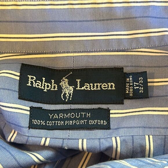 Ralph Lauren Dress Shirt Yarmouth Pinpoint Oxford Blue Striped Mens Sz 17 32/33 - Picture 5 of 7